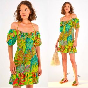 Farm Rio neon banana shirred off the shoulder dress